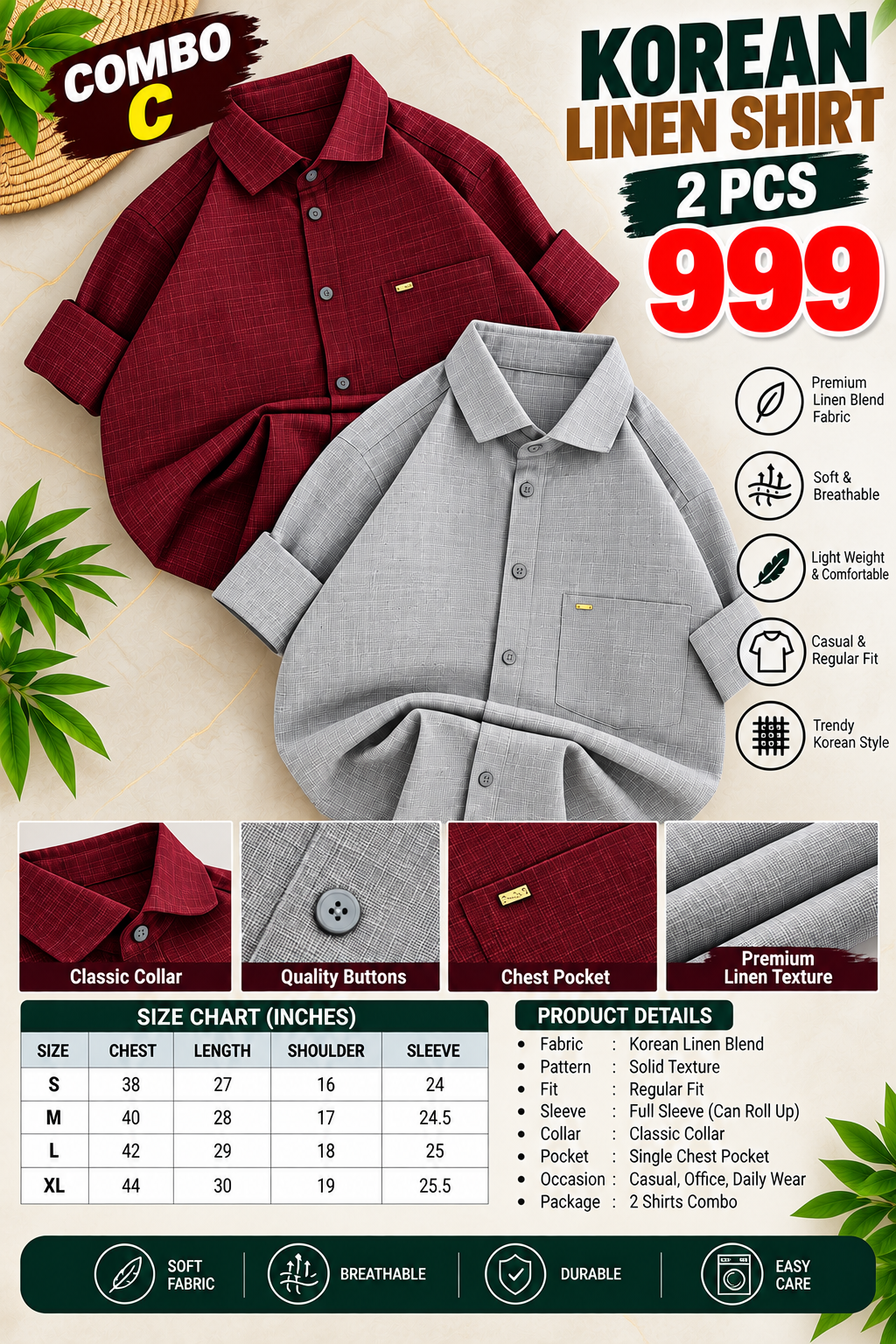 2 PCS KOREAN LINEN SHIRT