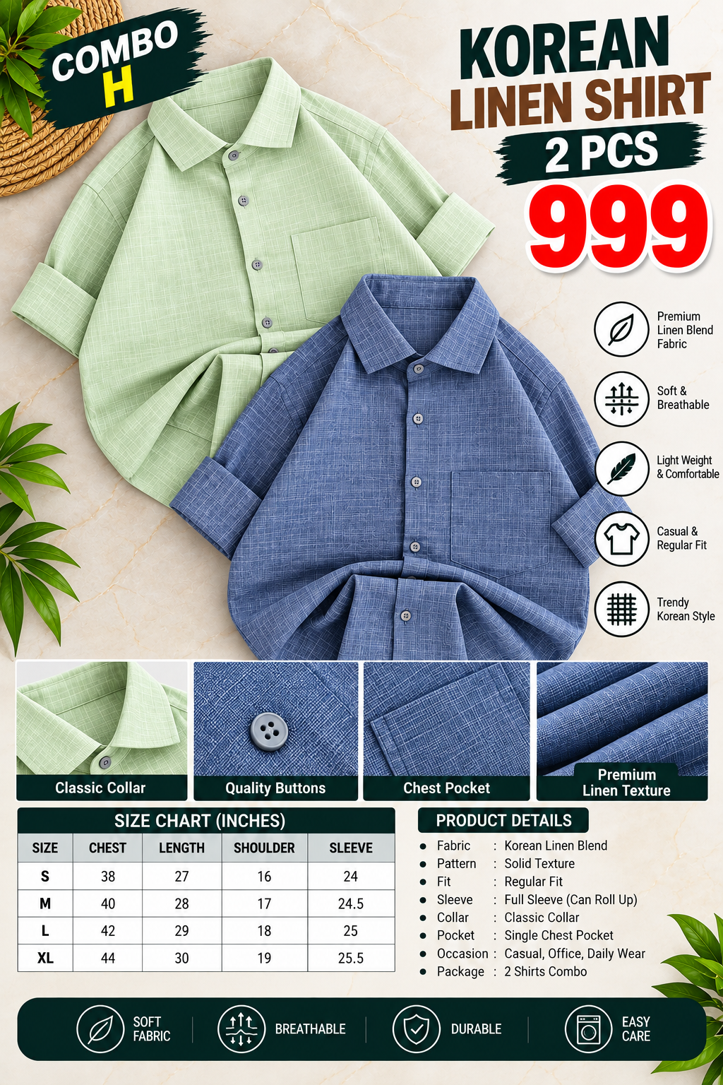 2 PCS KOREAN LINEN SHIRT