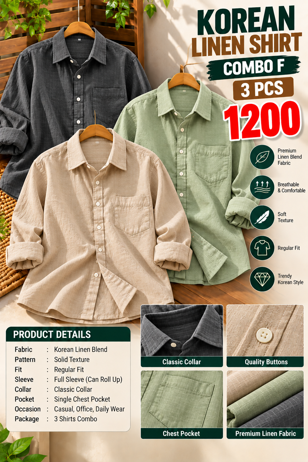 3 PCS KOREAN LINEN SHIRT