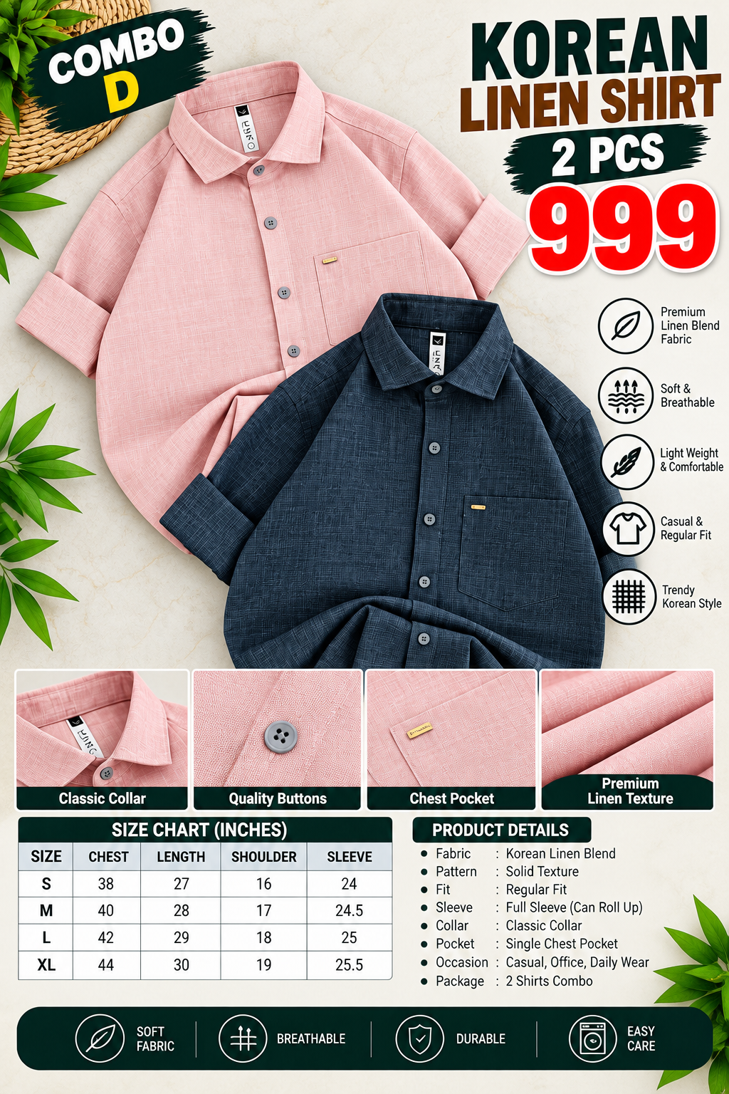 2 PCS KOREAN LINEN SHIRT