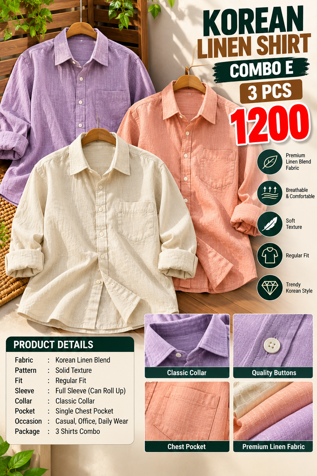 3 PCS KOREAN LINEN SHIRT