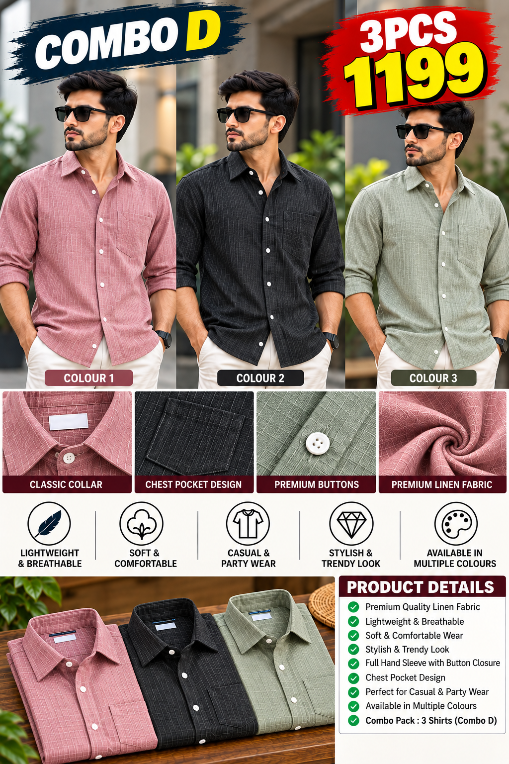 3 PCS 1199 LINEN SHIRT COMBO