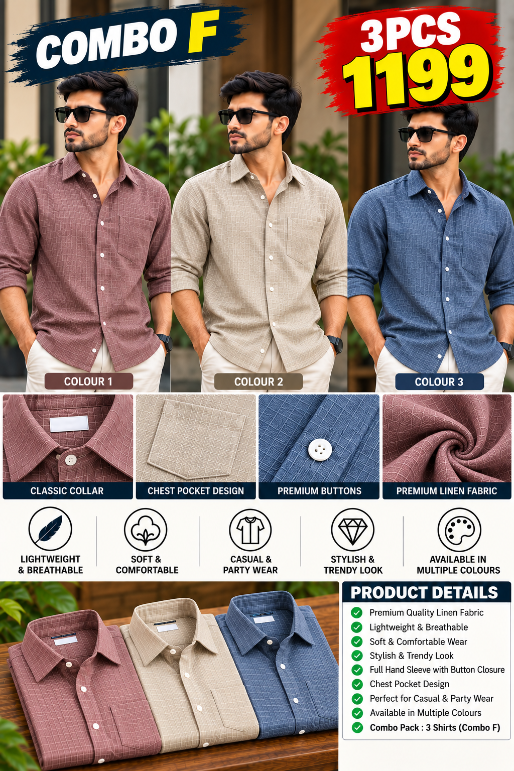 3 PCS 1199 LINEN SHIRT COMBO