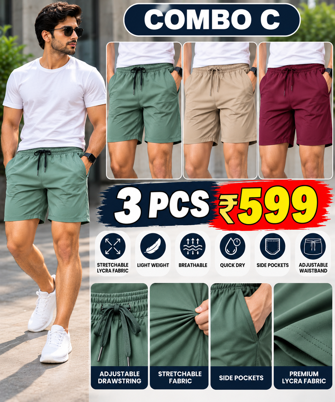 3 PCS LYCRA SHORTS