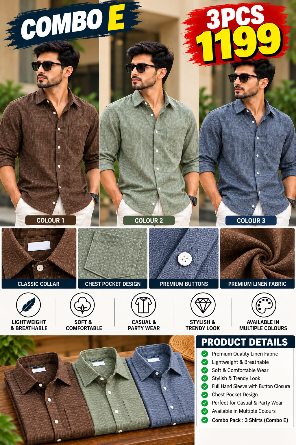 3 PCS 1199 LINEN SHIRT COMBO