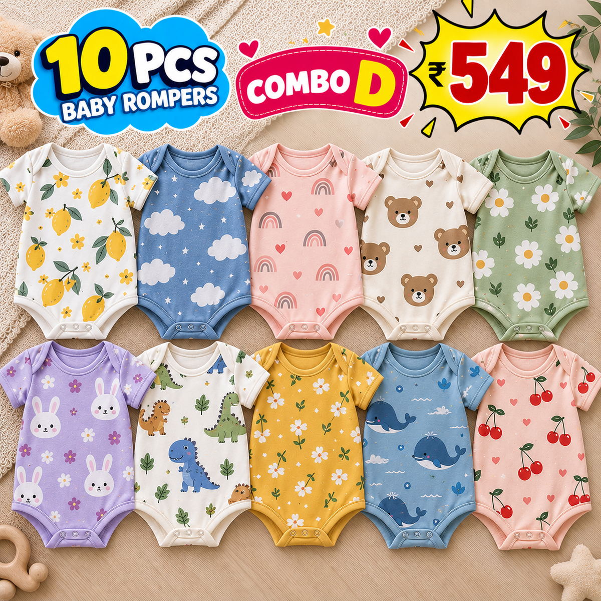 10 PCS BABY ROMPERS