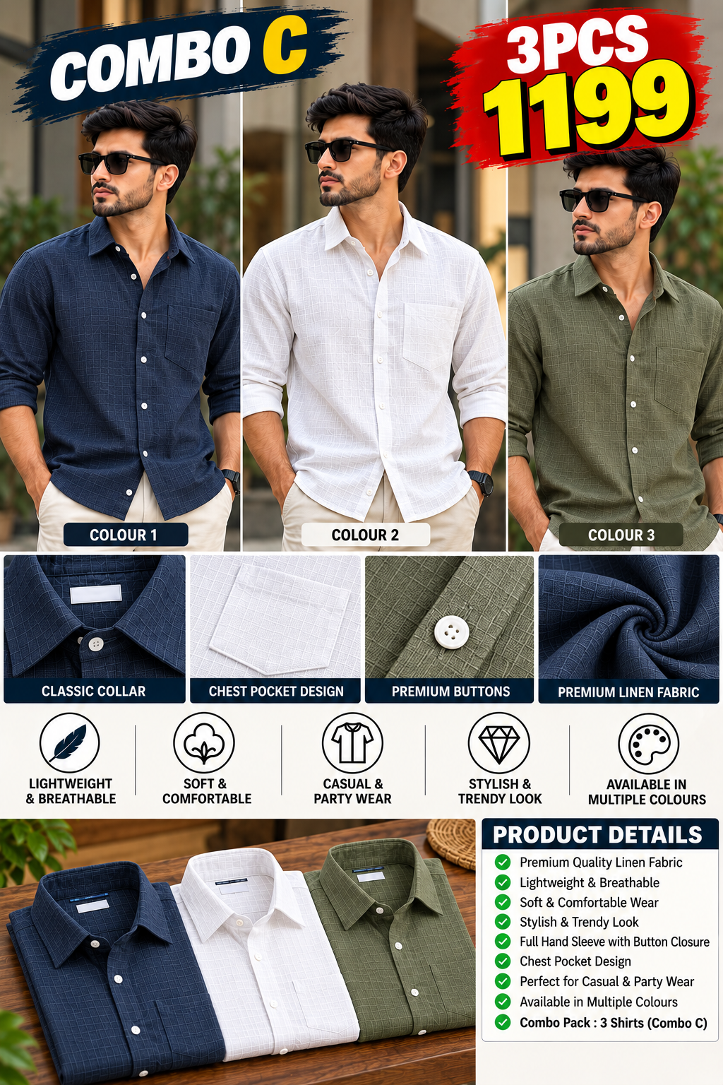 3 PCS 1199 LINEN SHIRT COMBO